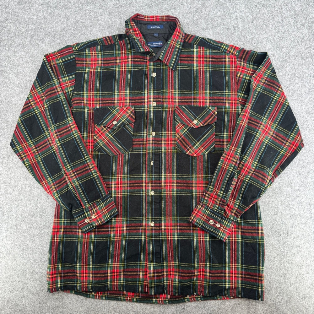 Van Heusen Shirt Mens L Winterweights Black Red Plaid Button Down EUC